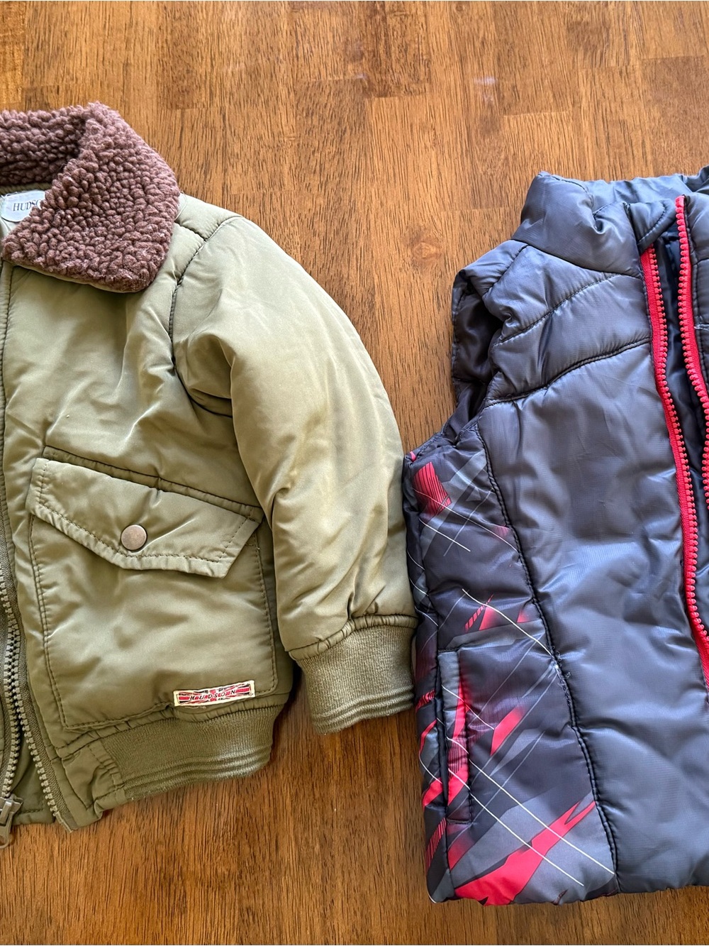 Hudson Jeans Kids Olive Jacket with Charcoal Puffer Vest and Red Accents